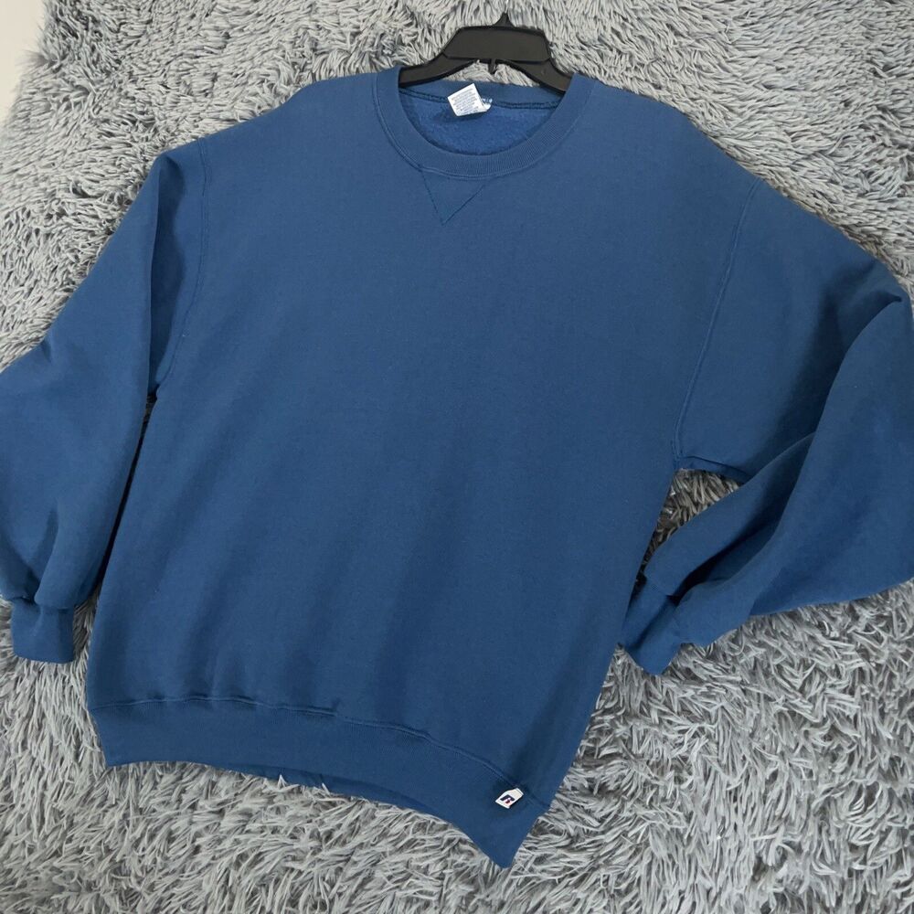 Vintage Russel Athletic Sweatshirt Large Blue Blank Solid Pullover Crewneck Mens
